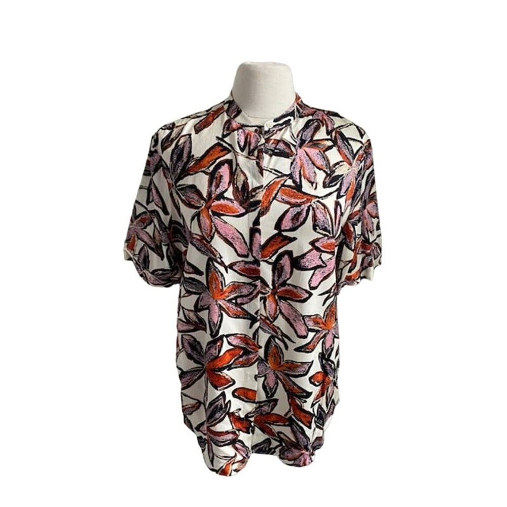Hugo Boss Blouse Womens Sz 10 Cream Floral Print Button Down Shirt Viscose